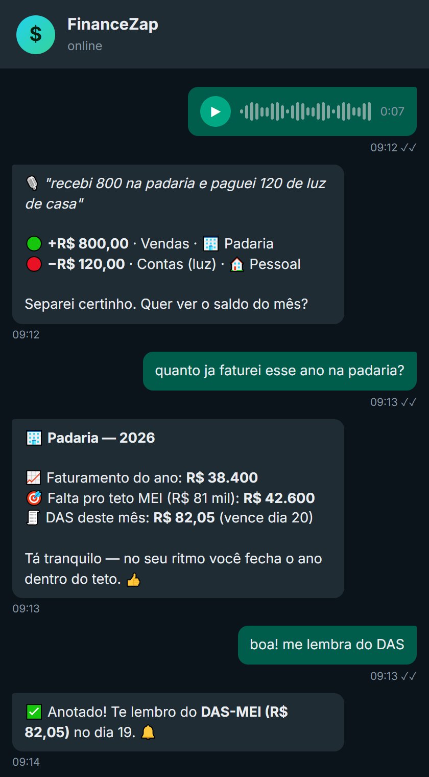 Conversa no WhatsApp: áudio vira lançamento separado entre pessoal e empresa, com faturamento do MEI e lembrete do DAS